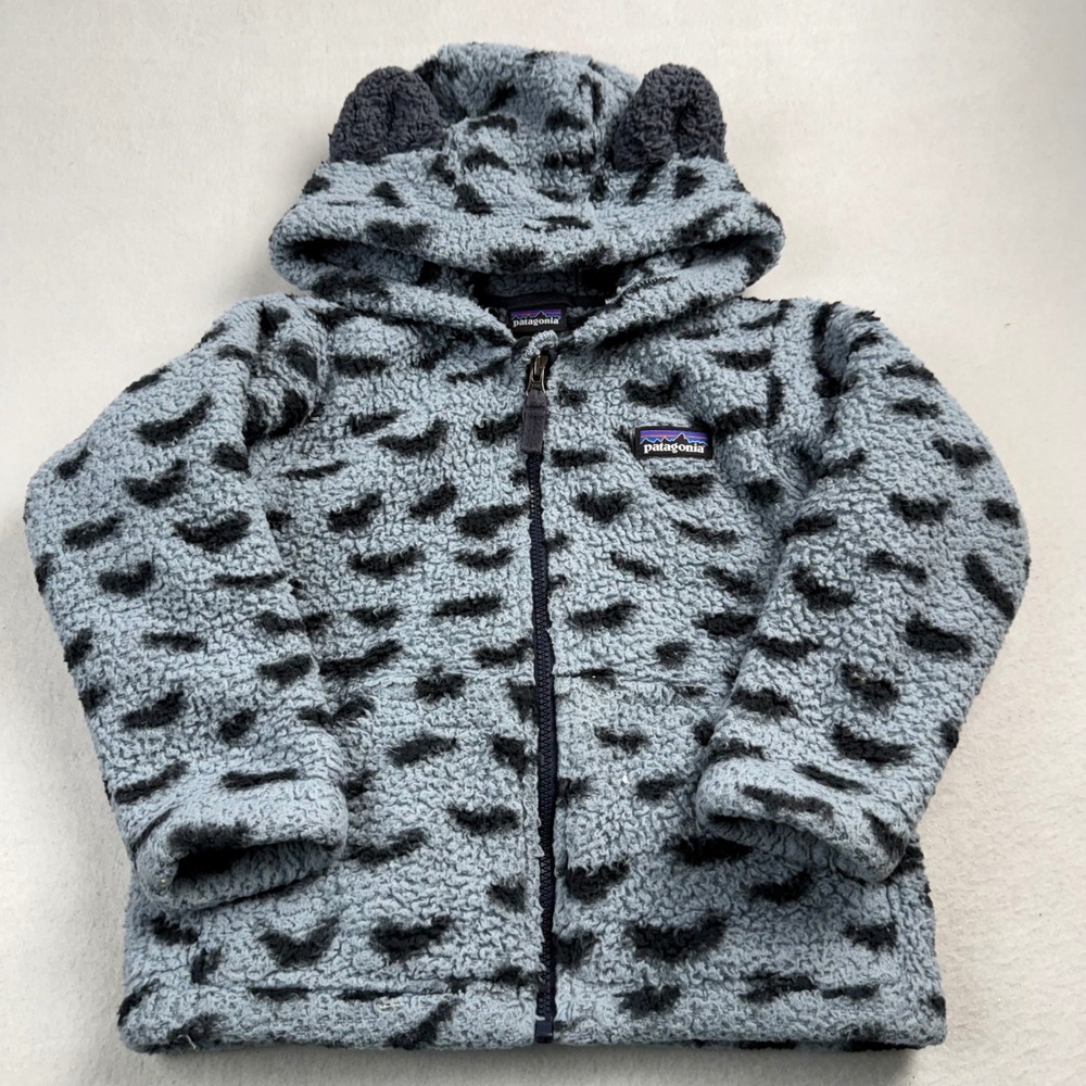 Patagonia Baby Furry Friends Hooded‎ Fleece Jacket Gray Animal Print 2T Hoodie